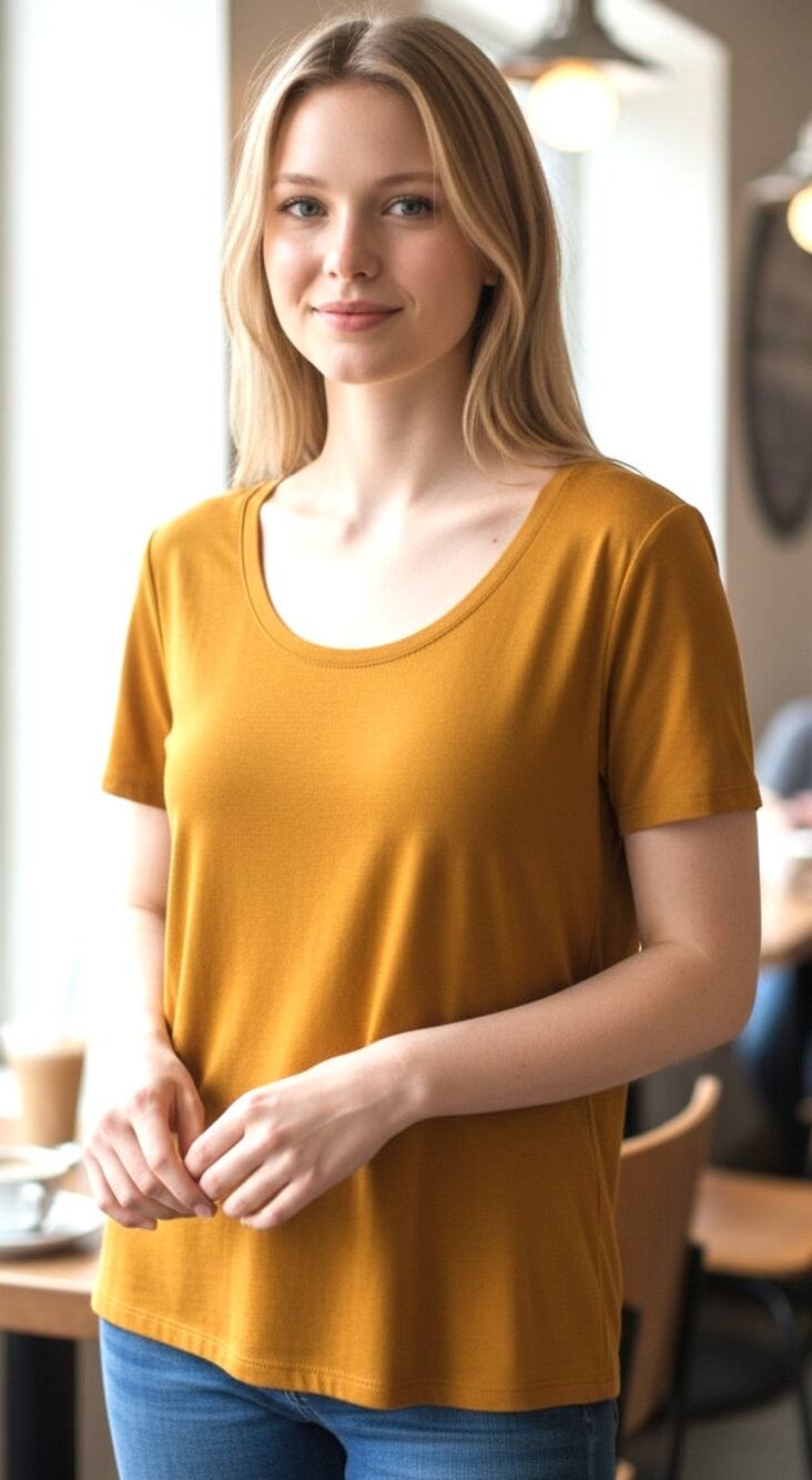 Eileen Fisher Scoop Neckline SS Tee T-Shirt Mustard Yellow Silk Cotton Blend Med
